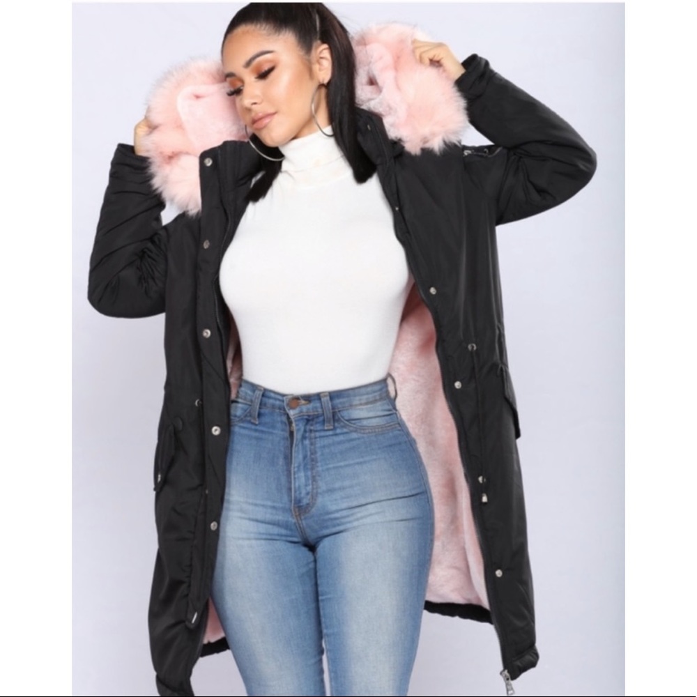 Black Pink faux fur utility coat long jacket